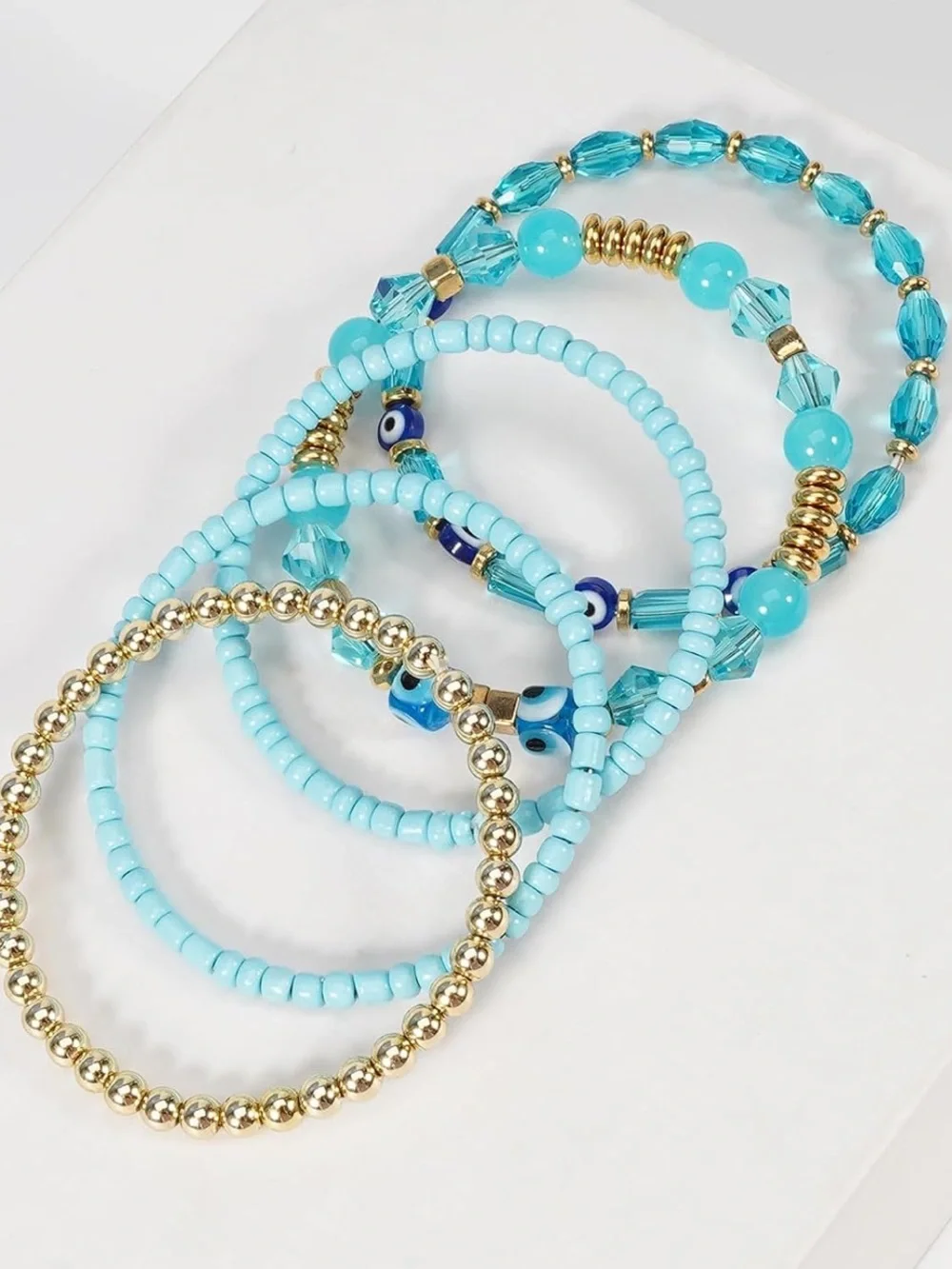 Turquoise Beaded Stack Bracelet Set with Gold Accents